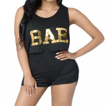 Woman Fashion Bae Printing Two Piece Set Sport Suit Sleeveless Bandage Short Suit(Black) - intl  