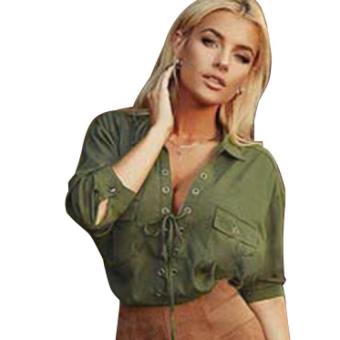 Woman Frock Shirt Turn-Down Collar Blouse (Army Green)--TC - intl  