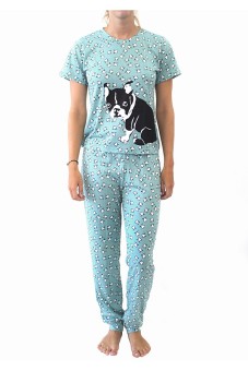 Woman Set Pajamas T-Shirt & Trousers (Print Anjing) - Sea Green  