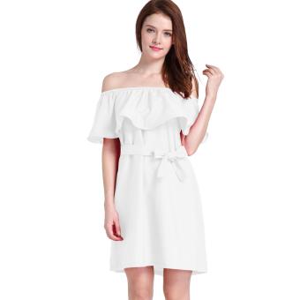 Woman sexy sleeveless mini Straight collar dress lotus leaf shoulder short skirt white - intl  