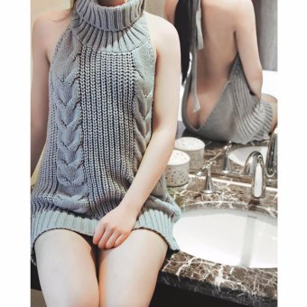 Woman’s Knitted Sexy Solid Color Turtleneck Sleeveless Backless Sweater JPXG022G - intl  