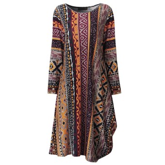 Women Autumn Ladies Casual Loose Asymmetrical Mid-calf Dresses Long Sleeve Vintage Print Dress Vestidos Plus Size (Wine Red) - intl  