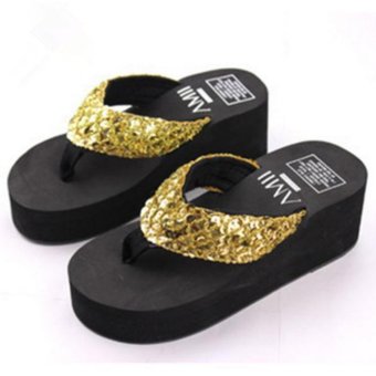 Women beach shoes sequins high-heeled Sandals and slippers Flip Flops Gold - intl  