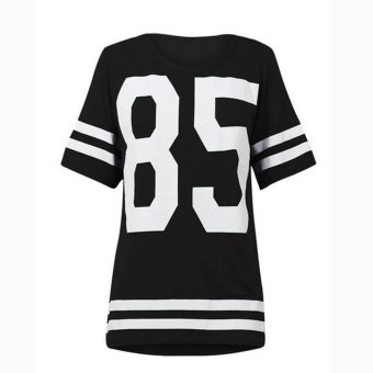 Women Black 85 Print Varsity T Shirt Oversize American Baseball Baggy Jersey Top  