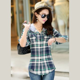 Women Blouse Hooded Polyester Material Plaid Print (Green) - intl  