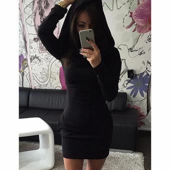 Women Casual Neck Package Hip Long Sleeve Pockets Plain Stretch Bodycon Mini Dress (Black) - intl  