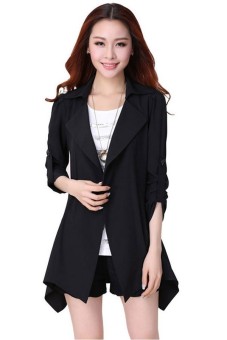 Women Casual Trench Coat Long Jacket Overcoat Outerwear Black  