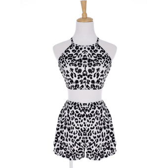 Women Casual Two Pieces Cross Backless Leopard Print Crop Top and Shorts Set ( White ) - intl  