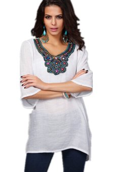 Women Causal Embroidered Bead T-shirt Plus Size T-shirt Tops Blouse White Color  