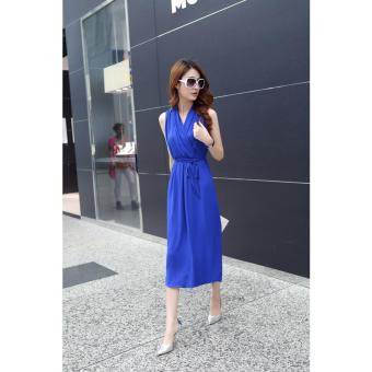 Women Chiffon Bohemian Summer Party Beach V collar Dress Long Boho Maxi Sundress Dress blue - intl  