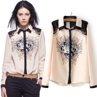 Women Chiffon Floral Print Lapel Shirt Long Sleeve Casual Tops Blouse S beige - intl  