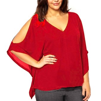 Women Chiffon Off Shouder Batwing Sleeve Casual Loose Blouse T-Shirt Tops Blouse Red  