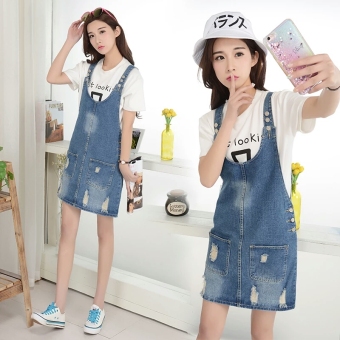 Women Denim Strap Dress Denim Skirt With Shoulder-straps - intl  