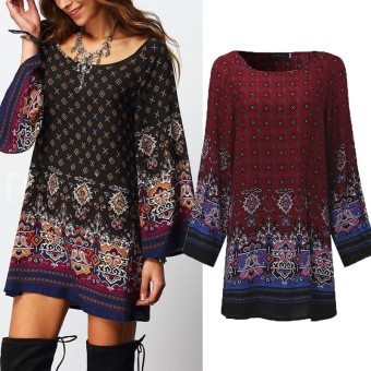 Women Dress O Neck Long Sleeve Ladies Sexy Mini Vintage Print Dress Floral Casual Ethnic Short Veatidos Wine Red - intl  