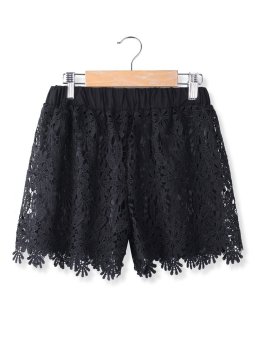 Women Elastic High Waist Lace Shorts Black  