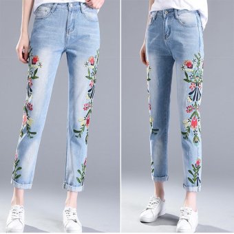 Women Embroidered Jeans Distressed Cropped Jeans Flower Pants Off White Skinny Female Jeans Korean Slim Nine Pants Trousers - intl  