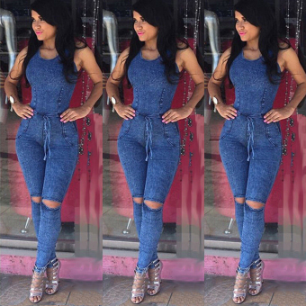 Women Europe Sexy Leggings Hole Denim Jumpsuit - intl  