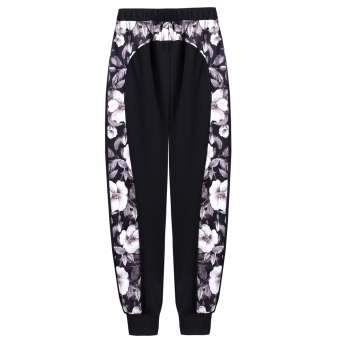 Women Fashion Casual Elastic High Waist Floral Print Patchwork Cuffed Joggers Pants - intl  