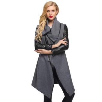 Women Fashion Lapel Long Sleeve Zip-up Faux Leather Patchwork Irregular Hem Wool Blend Coat Outwear - intl  