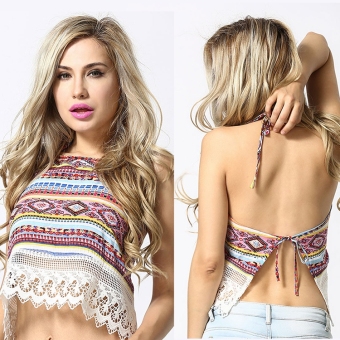 Women Fashion Sexy Halter Sleeveless Backless Print Lace Patchwork Irregular Short Crop Tops - intl  