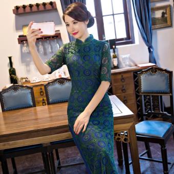 Women Fashion Summer Silm Chinese Wind Elegant Cheongsam (Dark Blue) - intl  