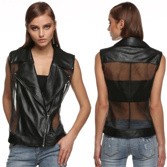 Women Fashion Turn Down Collar Zip-up Slim Fit Sexy Sheer Organza Patchwork Rivet Faux Leather Vest - intl  