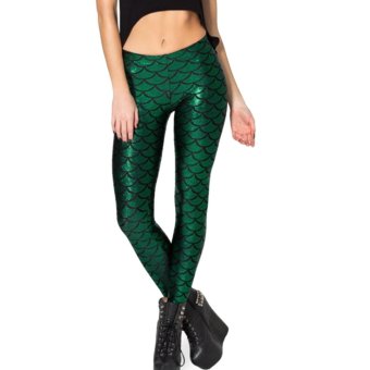 Women Fish Scale Mermaid Print Shine Slim Fit Disco Leggings Trousers Green 54cm - intl  