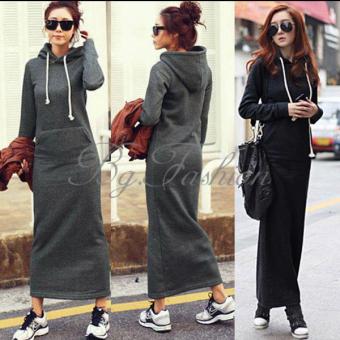 Women Fleece Autumn Winter Slim Bodycon Hooded Long Maxi Dress Dark Grey - Intl (Size:M) - intl  