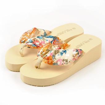 Women Floral Wedge Platform Flip Flops Slippers Beach Sandals Thongs Summer beige - intl  