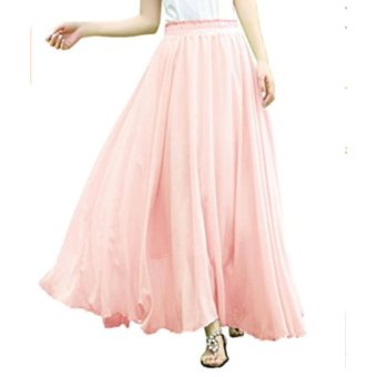 Women Full/ankle Length Elastic Pleated Retro Maxi Chiffon Long Skirt -Pink - intl  
