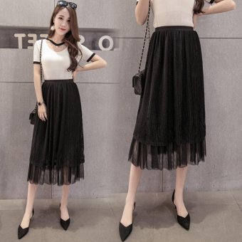 Women Gauzy Skirts TUTU Bubble Skirt Plasted Skirting Lace Chiffon Dress Tulle Lace Dress Elastic Waist One Size - intl  