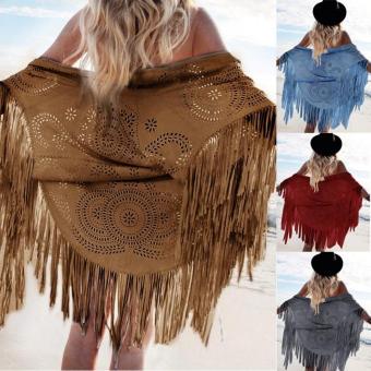 Women Geometric Cut Out Summer Beach Cover Up Kimono Long Fringes Tassels Thin Coat Cardigan Jacket (Brown) - intl  