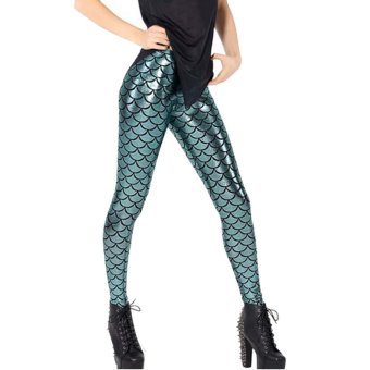 Women Girls Fish Scale Mermaid Print Shine Slim Fit Disco Leggings Trouser Blue 56cm - intl  