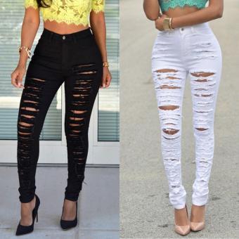 Women High Waist Stretchy Broken-Hole Feet Pants Jeans Black - intl  