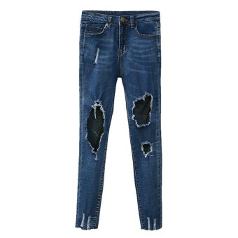 Women Hole Net Yarn Patch Was Thin Jeans Female Wild Pants Feet Pencil Pants(blue) - intl  
