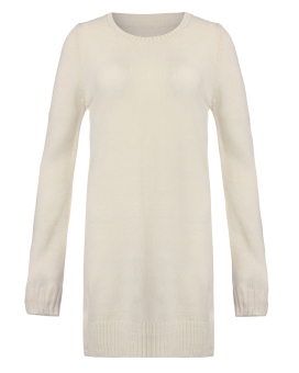 Women Knitted Smart Jumper Pullover Long Long Sleeve Round Neck Side Slit Sweater White  