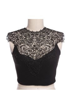 Women Lace Backless Sleeveless Hollow Out Tank Crop Tops (Black)  