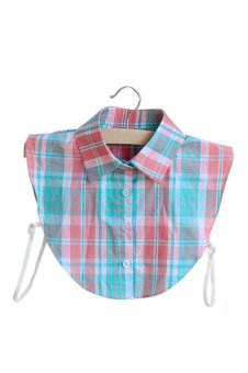Women Lady Detachable Occupational Mixed Color Plaids Style Half Shirt Blouse Fake Collar Pink + Blue  