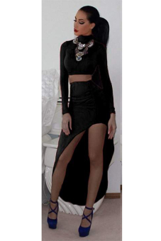 Women long sleeve bodycon Tops skirt set party evening Tops skirt set (Black) - intl  