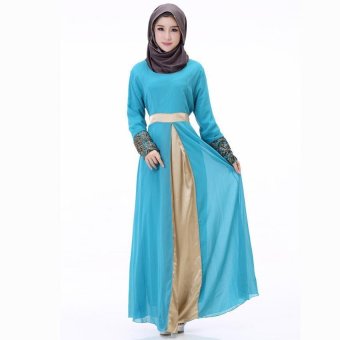 Women Long Sleeve Muslim Dress Islamic Female Abaya Arabe in Dubai Kaftan Malaysian Islamic Muslim Clothing(Sky blue)  
