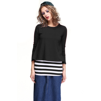 Women Long Sleeve Striped Cotton Tops T-Shirts Casual Tee Blouse (Black) (Intl) - intl  