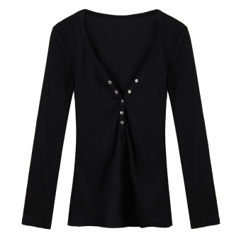 Women Long Sleeve V Neck Slim Casual Sexy Tops (Black) - Intl - Intl  