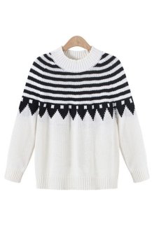 Women Loose Black and White Stripe Sweater Tops (White)(INTL)  
