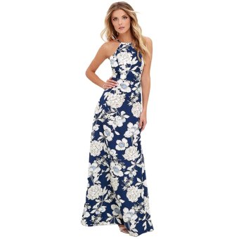 Women Maxi Dress Halter Neck Floral Print Sleeveless Summer Beach Holiday Long Slip Dress Blue - intl  