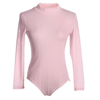 Women Mesh Sheer Bodysuit Leotard Turtleneck Jumpsuit (Pink) - intl  