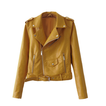 Women Motorcycle PU Leather Jacket Zipper Coat (Yellow) - intl  