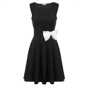 Women O-Neck Sleeveless Solid Cocktail Party Bow Pleated Skater Dress Black - intl  