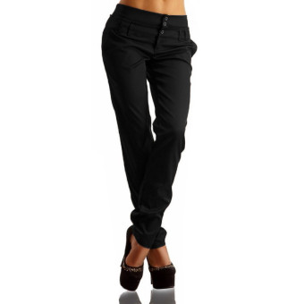 Women Pants 2016 Autumn High Waist Butto ns Zipper Solid Long Trousers Casual Slim Pants Capris Plus Size Black - intl  