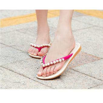 Women rhinestone flip-flops female flat sandals anti-skid slippers (Red) - Intl  