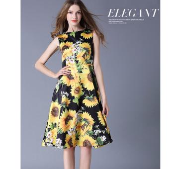 Women Runway Style Elegant Flower Print O-Neck Sleeveless Slim Tunic Casual Party Dress Sundress Vestido - intl  